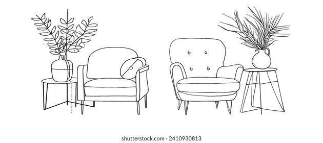 Continuous one line drawing of armchair and table with vase with plant.