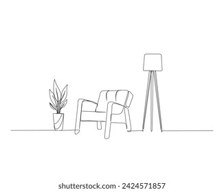 Durchgehende eine Linie Zeichnung von Sessel, Stehleuchte und Hausanlage. Sessel, Stehlampe und Topfpflanze Einzelumriss Vektor-Illustration. Interieur- und Möbelkonzept, editierbarer Strich.