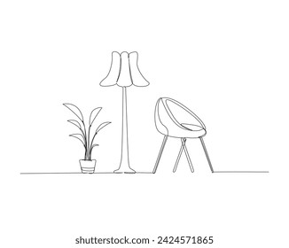 Continuous one line drawing of armchair, floor lamp and house plant. Armchair, flloor lamp and potted plant single outline vector illustration. Interior and furniture concept, editable stroke.