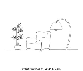 Durchgehende eine Linie Zeichnung von Sessel, Stehleuchte und Hausanlage. Sessel, Stehlampe und Bambuspflanze Einzelumriss Vektor-Illustration. Interieur- und Möbelkonzept, editierbarer Strich.