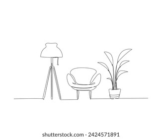 Dibujo continuo de una línea de sillón, lámpara de pie y planta de la casa. Sillón, lámpara de pie y planta en maceta con un solo contorno de ilustración vectorial. Concepto de interior y mobiliario, trazo editable.