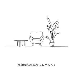 Durchgehende eine Linie Zeichnung von Sessel mit Tisch und Hauspflanze. Sofa, Hauspflanze und Tisch einzeilige Vektor-Illustration. Bearbeitbarer Strich.