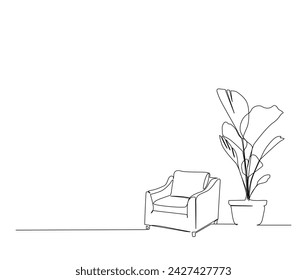 Continuous one line drawing of armchair and house plant. Arm chair and palm house plant single line vector illustration. Editable stroke.