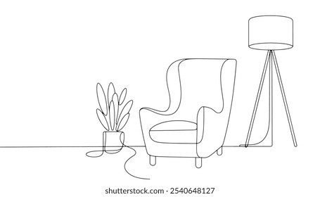 Continuous one Line Drawing Armchair and Floor Lamp with Plant