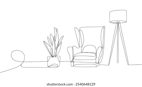 Sillón de dibujo continuo de una línea y lámpara de pie con planta
