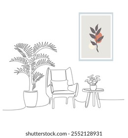Continuous one line drawing of armchair and table with vase with plant. Scandinavian stylish furniture in simple Linear style. Doodle vector illustration
