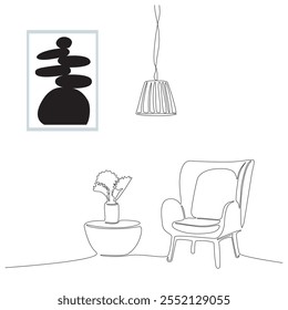Continuous one line drawing of armchair and table with vase with plant. Scandinavian stylish furniture in simple Linear style. Doodle vector illustration