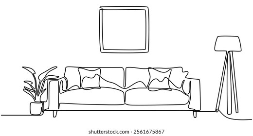 Continuous one line drawing armchair, nightstand and lamp. Living room interior in loft apartment. Modern furniture in simple Linear style. Doodle style, Continuous line drawing of sofa, lamp and plan