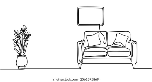 Continuous one line drawing armchair, nightstand and lamp. Living room interior in loft apartment. Modern furniture in simple Linear style. Doodle style, Continuous line drawing of sofa, lamp and plan