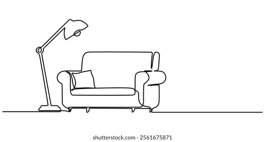 Continuous one line drawing armchair, nightstand and lamp. Living room interior in loft apartment. Modern furniture in simple Linear style. Doodle style, Continuous line drawing of sofa, lamp and plan