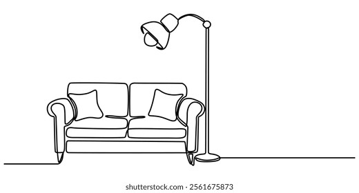 Continuous one line drawing armchair, nightstand and lamp. Living room interior in loft apartment. Modern furniture in simple Linear style. Doodle style, Continuous line drawing of sofa, lamp and plan