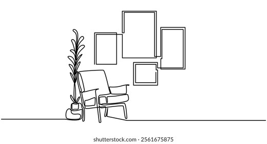 Continuous one line drawing armchair, nightstand and lamp. Living room interior in loft apartment. Modern furniture in simple Linear style. Doodle style, Continuous line drawing of sofa, lamp and plan