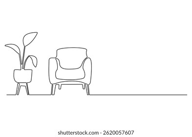 Continuous one line drawing of Armchair and potted plant. Single line drawing illustration of Sofa and Vase with plant. Stylish furniture concept vector art. Doodle line illustration.