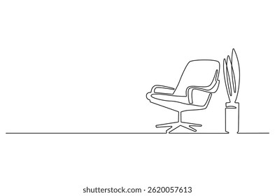 Continuous one line drawing of Armchair and potted plant. Single line drawing illustration of Sofa and Vase with plant. Stylish furniture concept vector art. Doodle line illustration.