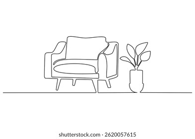 Desenho contínuo de uma linha de Poltrona e planta em vaso. Ilustração de desenho de linha única de Sofá e Vaso com planta. Elegante conceito de móveis arte vetorial. Desenho ilustração linha.