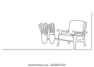 Dibujo continuo de una línea de Sillón y planta en maceta. Ilustración de dibujo de una sola línea de sofá y jarrón con planta. Arte vectorial de concepto de muebles con estilo. ilustración de línea Doodle.