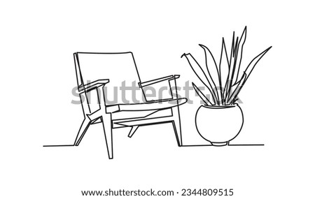 Continuous one line drawing of armchair and with potted plant. Scandinavian stylish furniture in simple linear style. Vector illustration