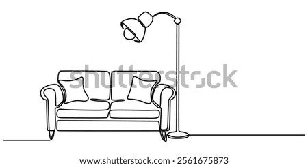 Continuous one line drawing armchair, nightstand and lamp. Living room interior in loft apartment. Modern furniture in simple Linear style. Doodle style, Continuous line drawing of sofa, lamp and plan