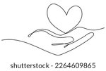 Continuous one line drawing arms holding heart. Charity donation linear concept. Vector isolated on white.