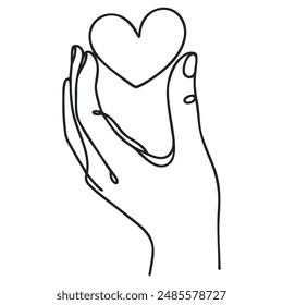 Continuous one line drawing arms hand holding heart. Vector isolated on white.