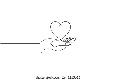 Continuous one line drawing arms holding heart. Charity donation linear concept, Minimalist hand holding a heart illustration.