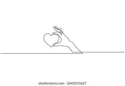Uma linha contínua desenhando braços segurando o coração. Conceito linear de doação de caridade, Mão minimalista segurando uma ilustração do coração.