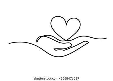 Continua una línea dibujando brazos sosteniendo el corazón. Concepto lineal de donación de caridad. mano sosteniendo la ilustración del corazón. Mano con mano. 