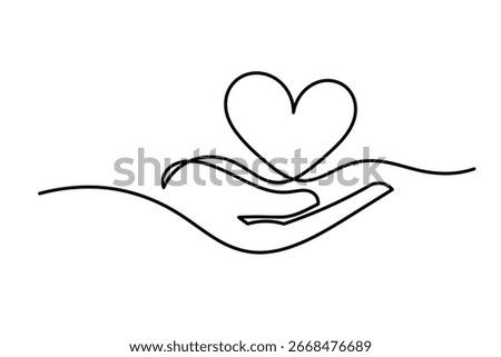 Continuous one line drawing arms holding  heart. Charity donation linear concept. hand holding heart illustration. Hand with hand. 