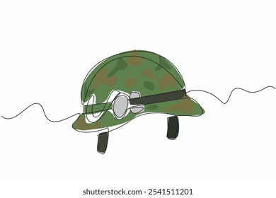 Continuous one line drawing army helmet with dog tag attached to the helmet. Identity that must always be attached. Identifier. Vietnam War Veterans Day. Single line draw design vector illustration