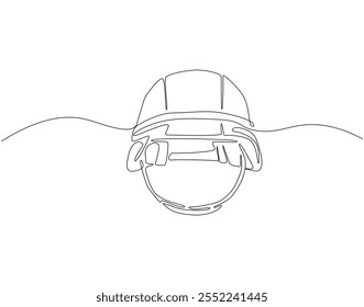 Desenho contínuo de uma linha de capacete do exército. Ilustração de desenho de uma linha do capacete do soldado. Soldado conceito de equipamento linha única. Estrutura de tópicos editável