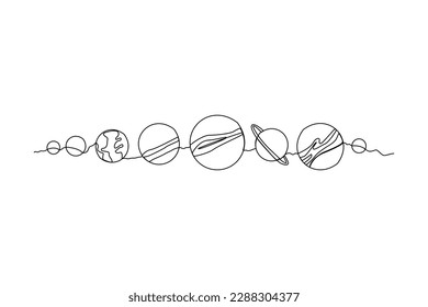 Continuous one line drawing arrangement of planets in space. space concept. Single line draw design vector graphic illustration.