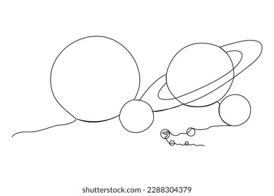 Continuous one line drawing arrangement of planets in space. space concept. Single line draw design vector graphic illustration.