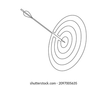 Continuous one line drawing of arrow in center of target. Strategic marketing or business concept with board and shot bullseye in Linear style. Editable stroke. Doodle vector illustration