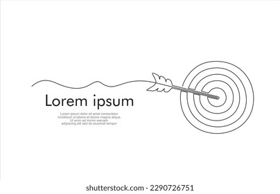 Continuous one line drawing of arrow on target circle.Target bullseye or arrow on target. The business grows according to the goals set. Business market concept.  Illustration with quote template. 