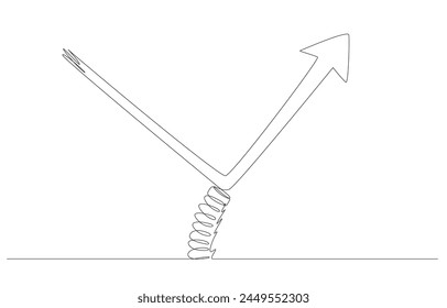 Dibujo continuo de una línea de flecha rebotando desde el trampolín, recuperación económica, concepto de rebote del mercado de valores, arte de una sola línea.