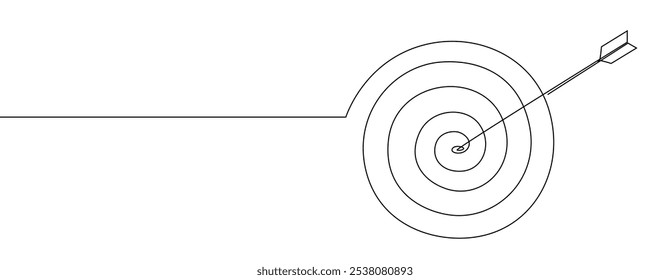 Desenho contínuo de uma linha de seta no centro do alvo. Marketing estratégico ou conceito de negócios com placa e tiro bullseye em estilo linear simples. Ilustração de vetor de rabiscar