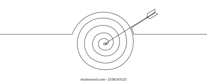Desenho contínuo de uma linha de seta no centro do alvo. Marketing estratégico ou conceito de negócios com placa e tiro bullseye em estilo linear simples.
