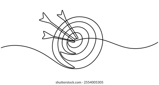 Continuous one line drawing of arrow on the target. Arrow archery business challenge metaphor line art drawing vector illustration, Drawn in a single continuous line. Image of a professional archer.