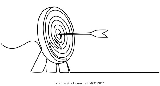 Continuous one line drawing of arrow on the target. Arrow archery business challenge metaphor line art drawing vector illustration, Drawn in a single continuous line. Image of a professional archer.