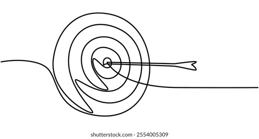 Continuous one line drawing of arrow on the target. Arrow archery business challenge metaphor line art drawing vector illustration, Drawn in a single continuous line. Image of a professional archer.