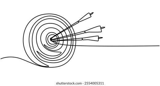 Continuous one line drawing of arrow on the target. Arrow archery business challenge metaphor line art drawing vector illustration, Drawn in a single continuous line. Image of a professional archer.