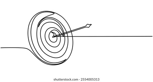 Continuous one line drawing of arrow on the target. Arrow archery business challenge metaphor line art drawing vector illustration, Drawn in a single continuous line. Image of a professional archer.