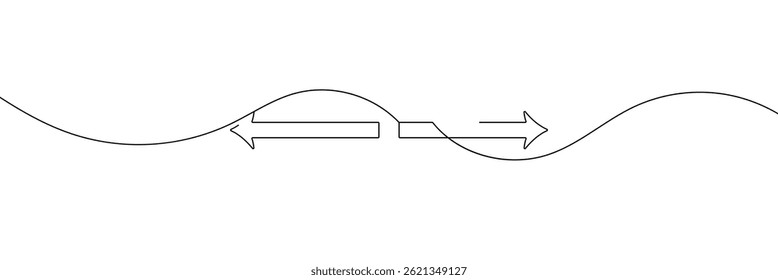 Desenho contínuo de uma linha de seta para a esquerda e para a direita. Linha fina preta de duas direções ícone de seta isolado no fundo branco. Ilustração vetorial de EPS para faixa, modelo , aplicativo, cartaz. 