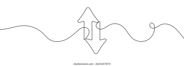 Continuous one line drawing of arrow pointing up and down. Black thin line of two directions arrow icon isolated on white background. EPS10 vector illustration for banner, template, web, app, poster.