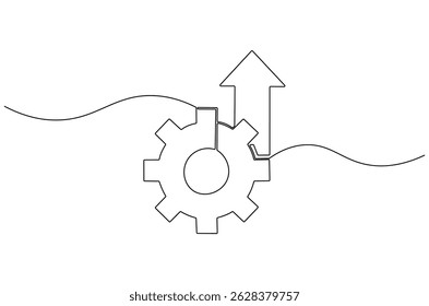 Continuous one line drawing of Arrow up with gear. Single line drawing illustration of Cogwheel with Growth chart. Business growth concept vector art. Doodle line illustration.