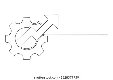 Continuous one line drawing of Arrow up with gear. Single line drawing illustration of Cogwheel with Growth chart. Business growth concept vector art. Doodle line illustration.