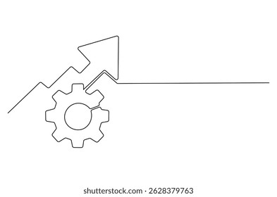 Continuous one line drawing of Arrow up with gear. Single line drawing illustration of Cogwheel with Growth chart. Business growth concept vector art. Doodle line illustration.