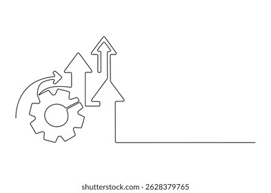 Continuous one line drawing of Arrow up with gear. Single line drawing illustration of Cogwheel with Growth chart. Business growth concept vector art. Doodle line illustration.