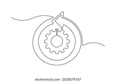 Continuous one line drawing of Arrow up with gear. Single line drawing illustration of Cogwheel with Growth chart. Business growth concept vector art. Doodle line illustration.