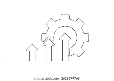 Continuous one line drawing of Arrow up with gear. Single line drawing illustration of Cogwheel with Growth chart. Business growth concept vector art. Doodle line illustration.